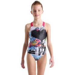 Arena Placement V Back Swimsuit Girls - Black-Freak Rose -Aqua Fit Shop arena girls swimsuit v back placement model black freak rose 1 1260979