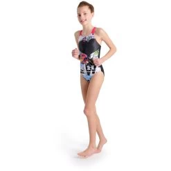 Arena Placement V Back Swimsuit Girls - Black-Freak Rose -Aqua Fit Shop arena girls swimsuit v back placement model black freak rose 3 1260982