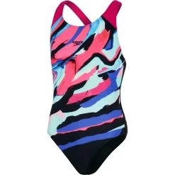 Speedo Digital Placement Splashback Girls Bathing Suit - Black/electric Pink/pool/blue Flame