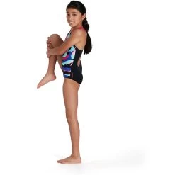 Speedo Digital Placement Splashback Girls Bathing Suit - Black/electric Pink/pool/blue Flame -Aqua Fit Shop speedo digital placement splashback kids bathing suit black electric pink pool blue flame 6 1302022