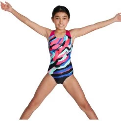 Speedo Digital Placement Splashback Girls Bathing Suit - Black/electric Pink/pool/blue Flame -Aqua Fit Shop speedo digital placement splashback kids bathing suit black electric pink pool blue flame 7 1302023