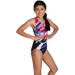 Speedo Digital Placement Splashback Girls Bathing Suit - Black/electric Pink/pool/blue Flame -Aqua Fit Shop speedo digital placement splashback kids bathing suit black electric pink pool blue flame 9 1302025