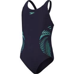 Speedo Placement Muscleback Girls Bathing Suit - True Navy/Green Glow/Fluo Arctic