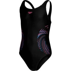 Speedo Placement Muscleback Girls Bathing Suit - Black/rose Violet/bondi Blue