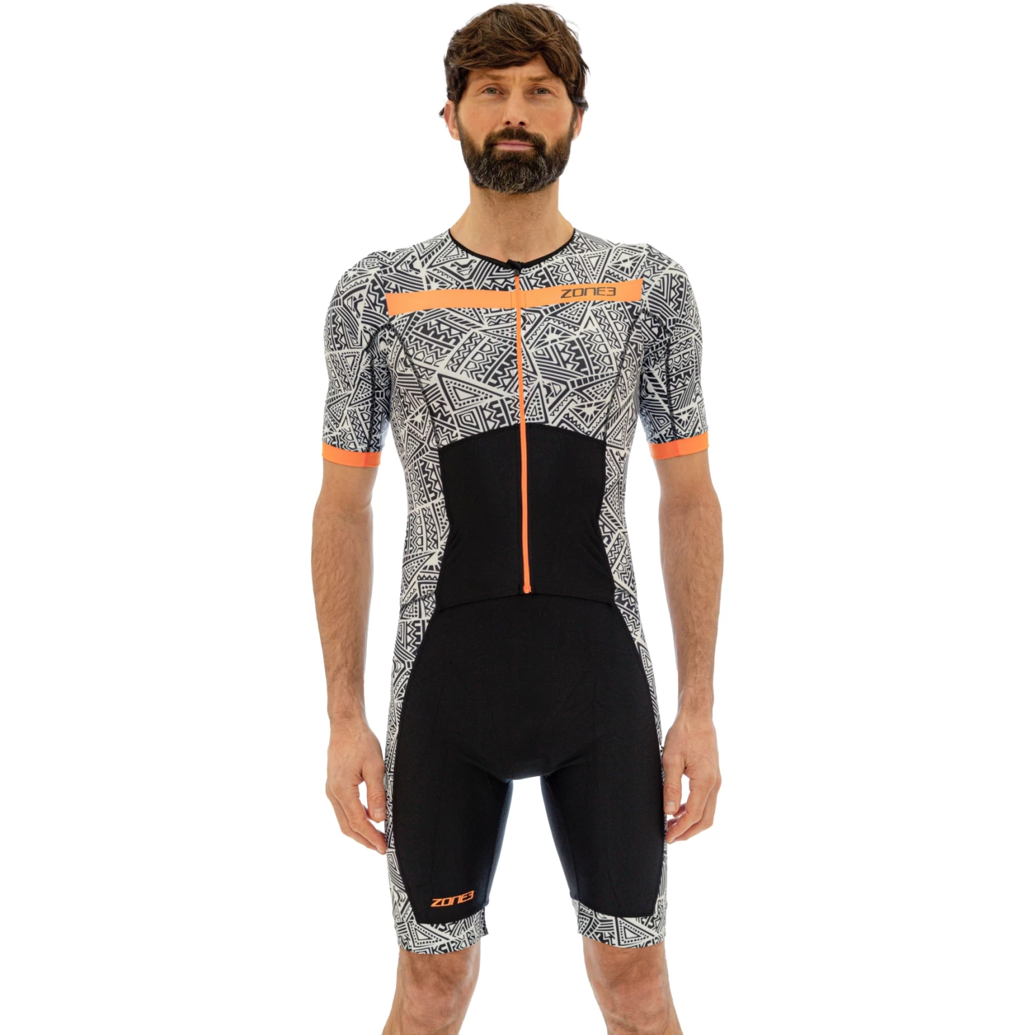 Zone3 Men's Activate Plus Kona Speed Short Sleeve Full Zip Trisuit - Black/white/orange 6 Zone3 Men's Activate Plus Kona Speed Short Sleeve Full Zip Trisuit - Black/white/orange - Image 4